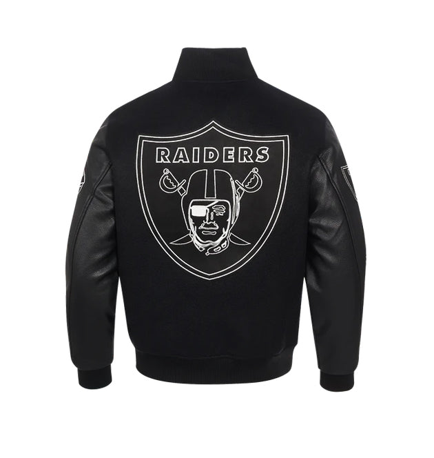 PRO STANDARD MEN'S NFL LAS VEGAS RAIDERS SCRIPT TAIL RIB WOOL BLACK VARSITY JACKET